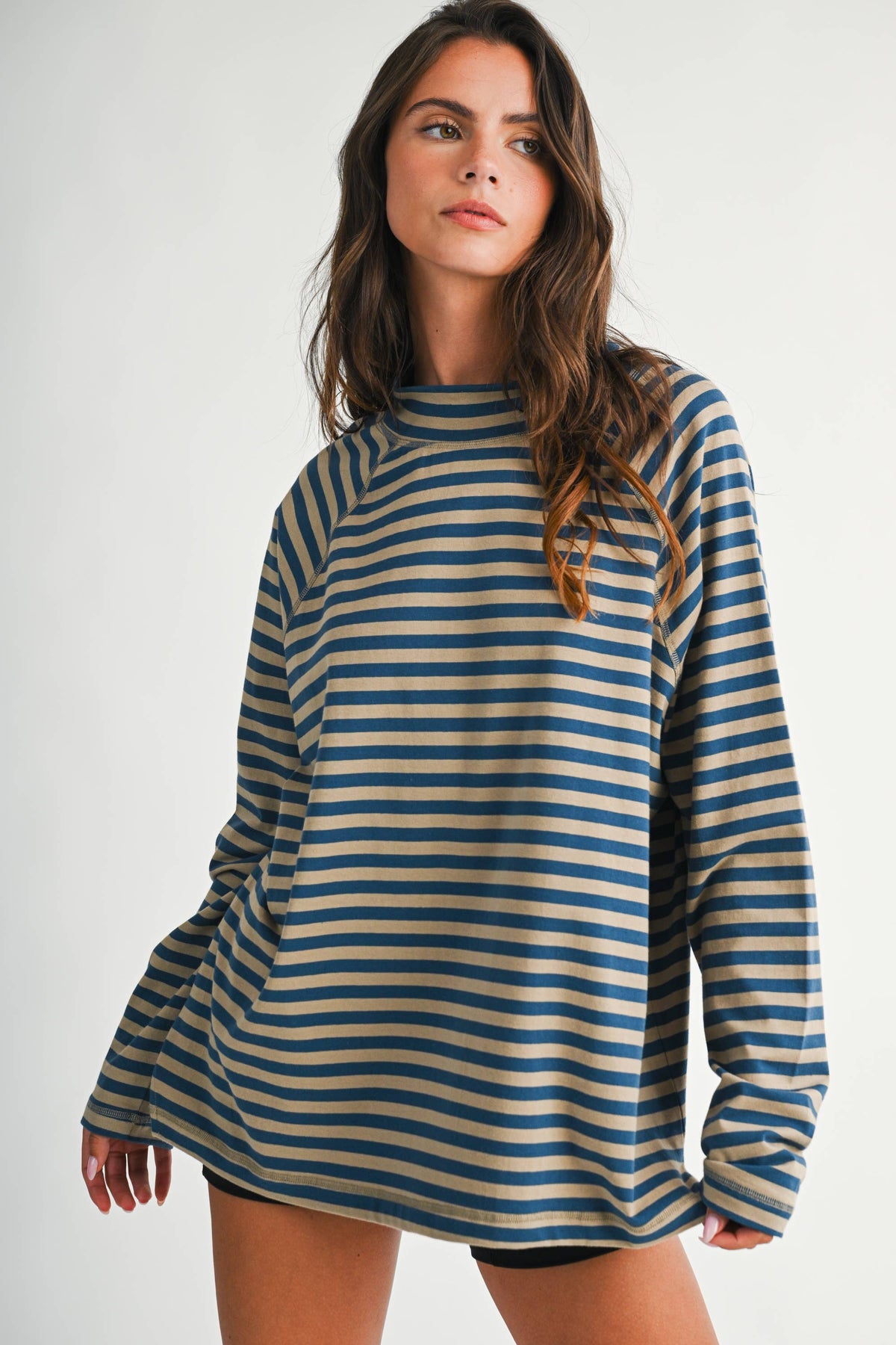8645IN Mock Neck Yarn-Dyed Striped Oversized Long Sleeve Tee