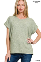 Soft Melange Folded Sleeve Round Neck Top - Zenana