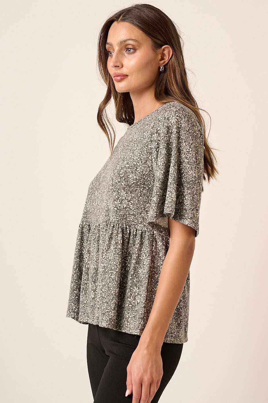 T10161 - DITSY FLOWER PRINT BABY DOLL KNIT TOP