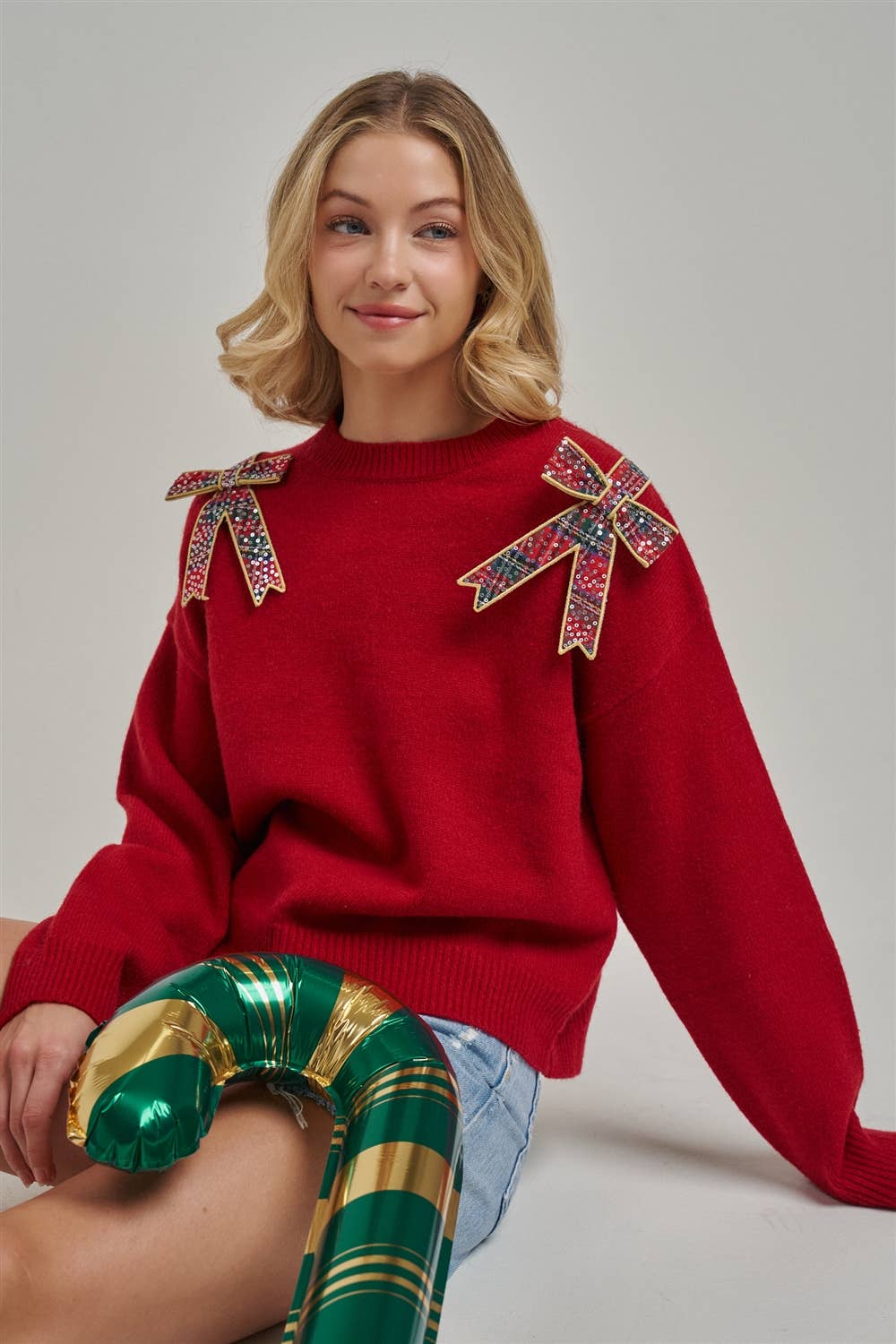 CHRISTMAS HOLIDAY SWEATER TOP WITH BOW APPLIQUES_JLT00420-01