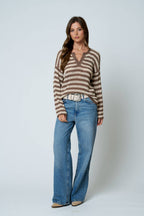 STRIPE RAW EDGE SPLIT NECK SHEER KNIT SWEATER