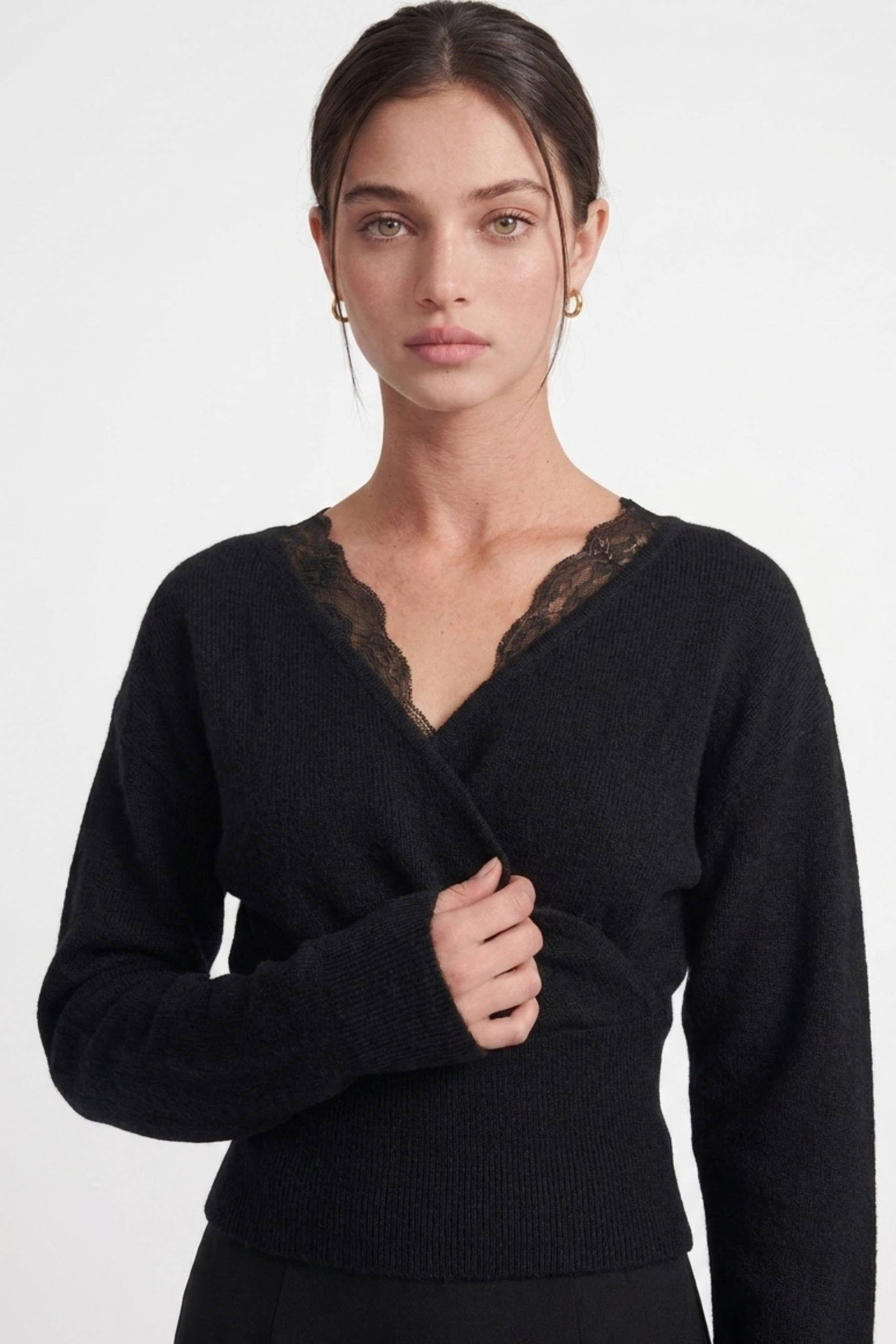 Lace-trim Faux-wrap Knit Sweater