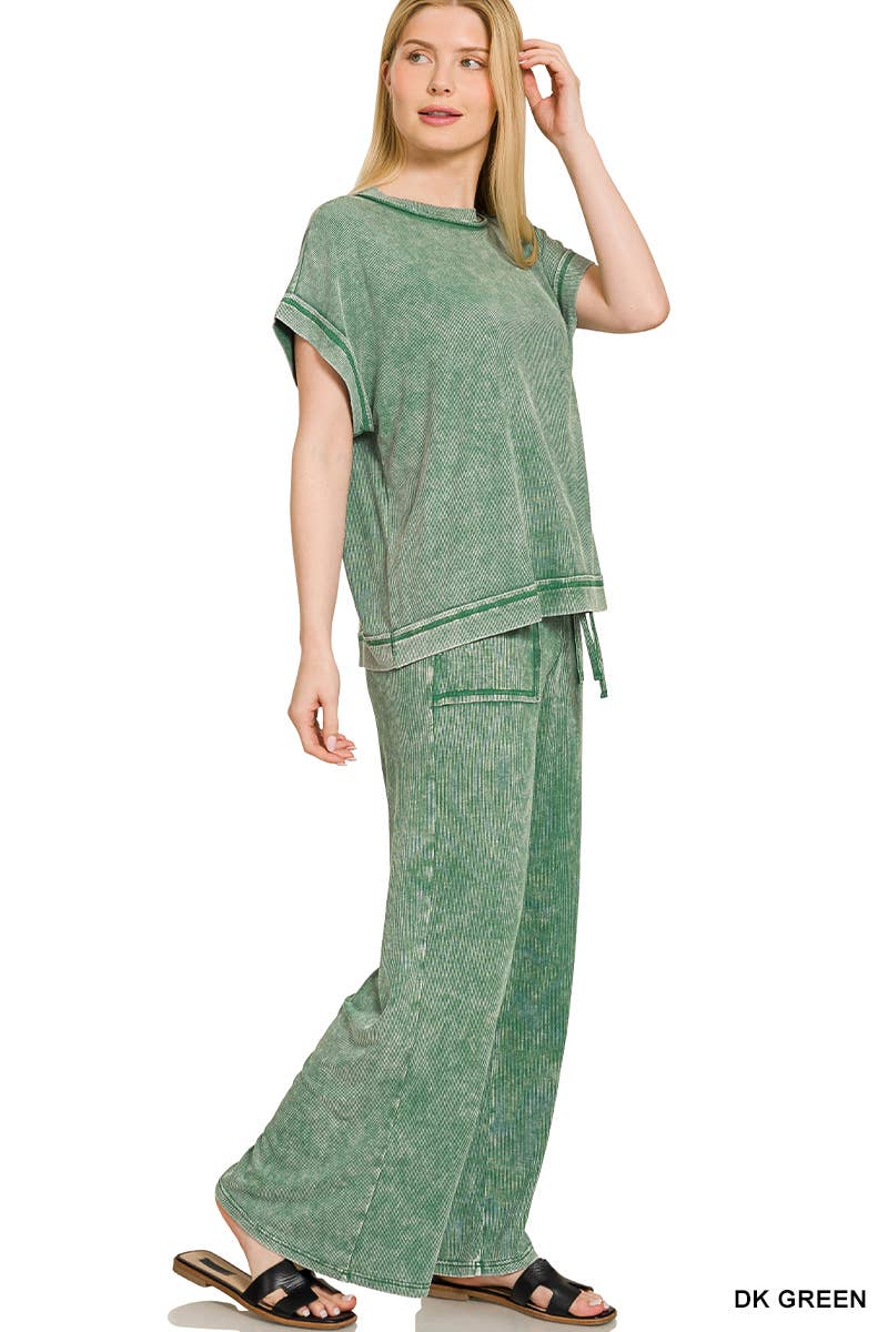 Ribbed Acid Wash Rayon Top N Pants Set