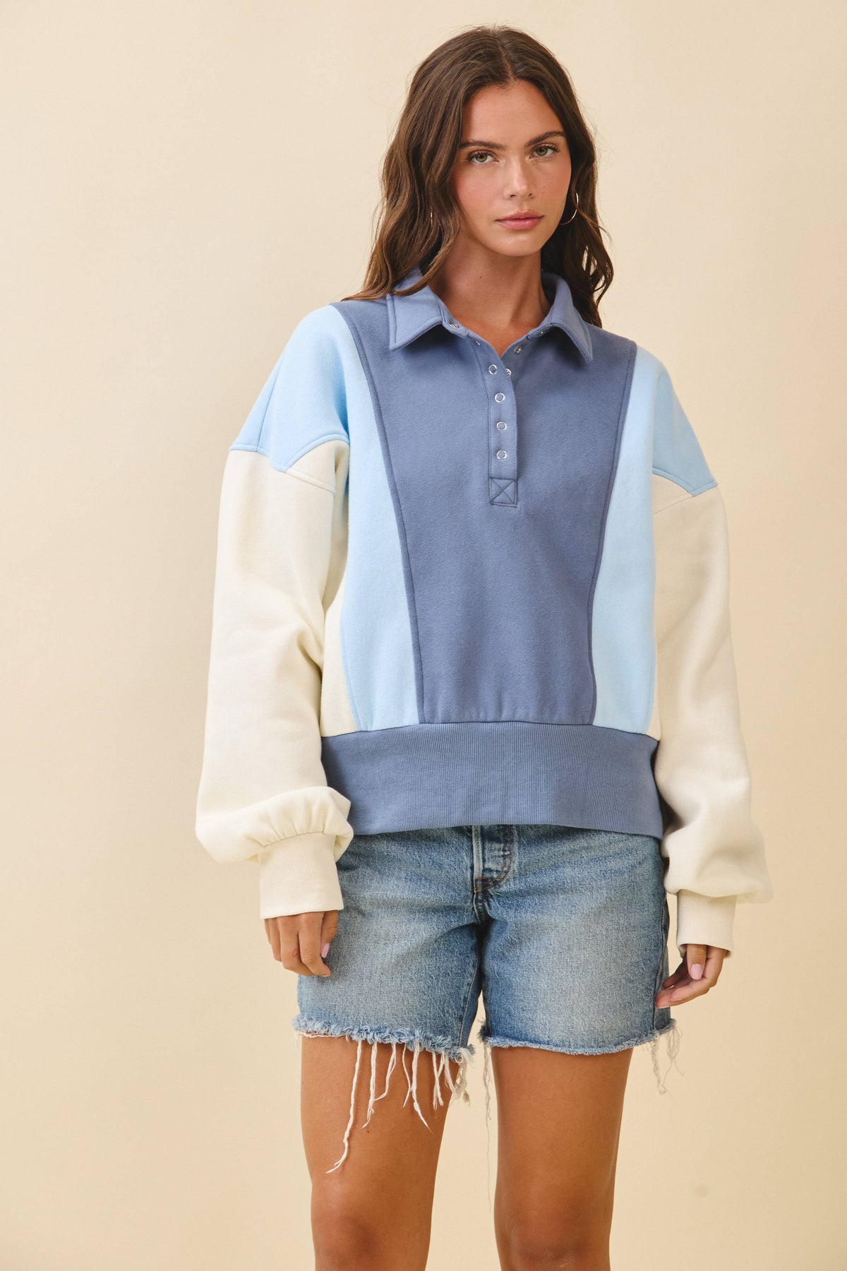 9161HK Collared Colorblock Henley Pullover Sweatshirt