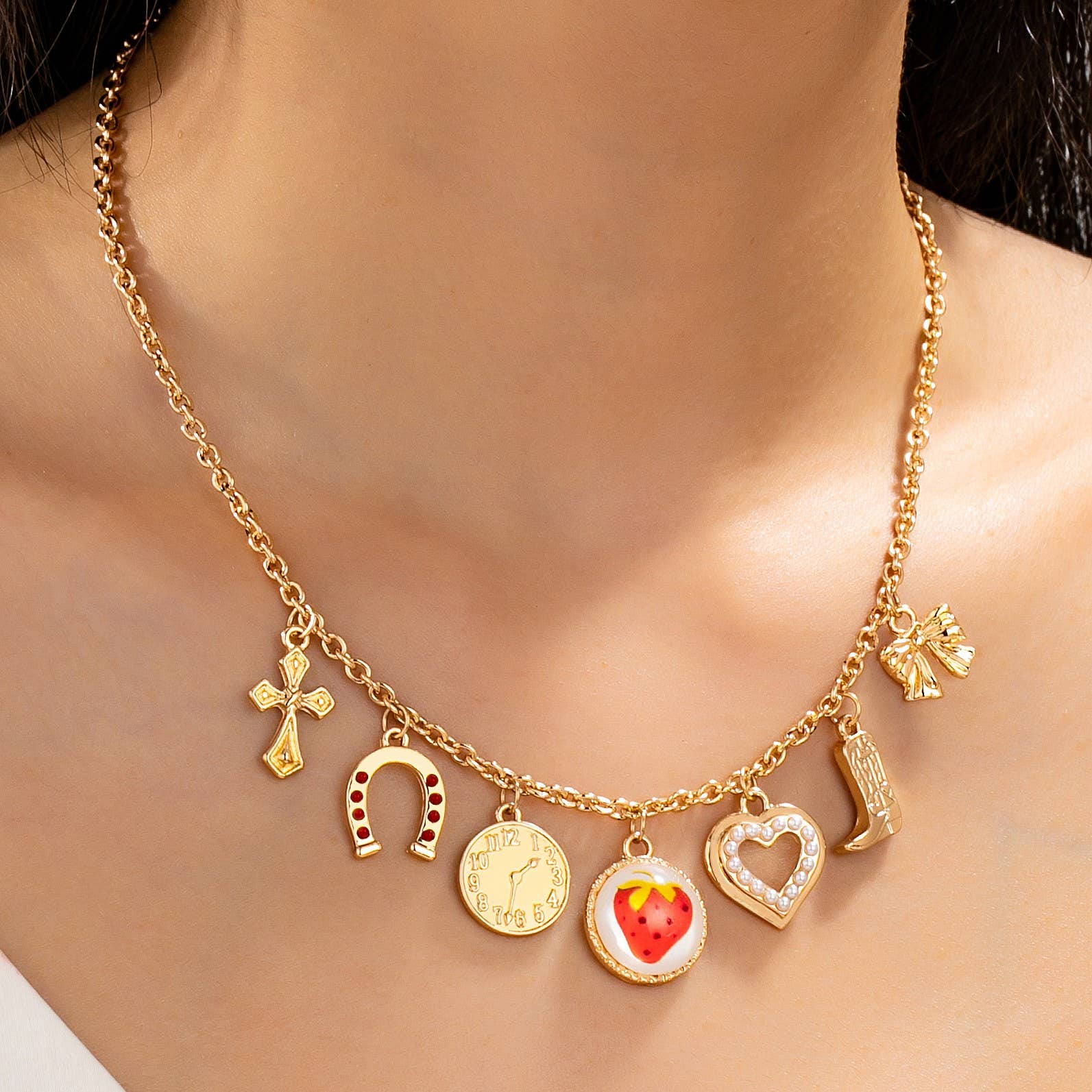 Strawberry Bow Coin Boot Western Charm Necklace | 80N93114