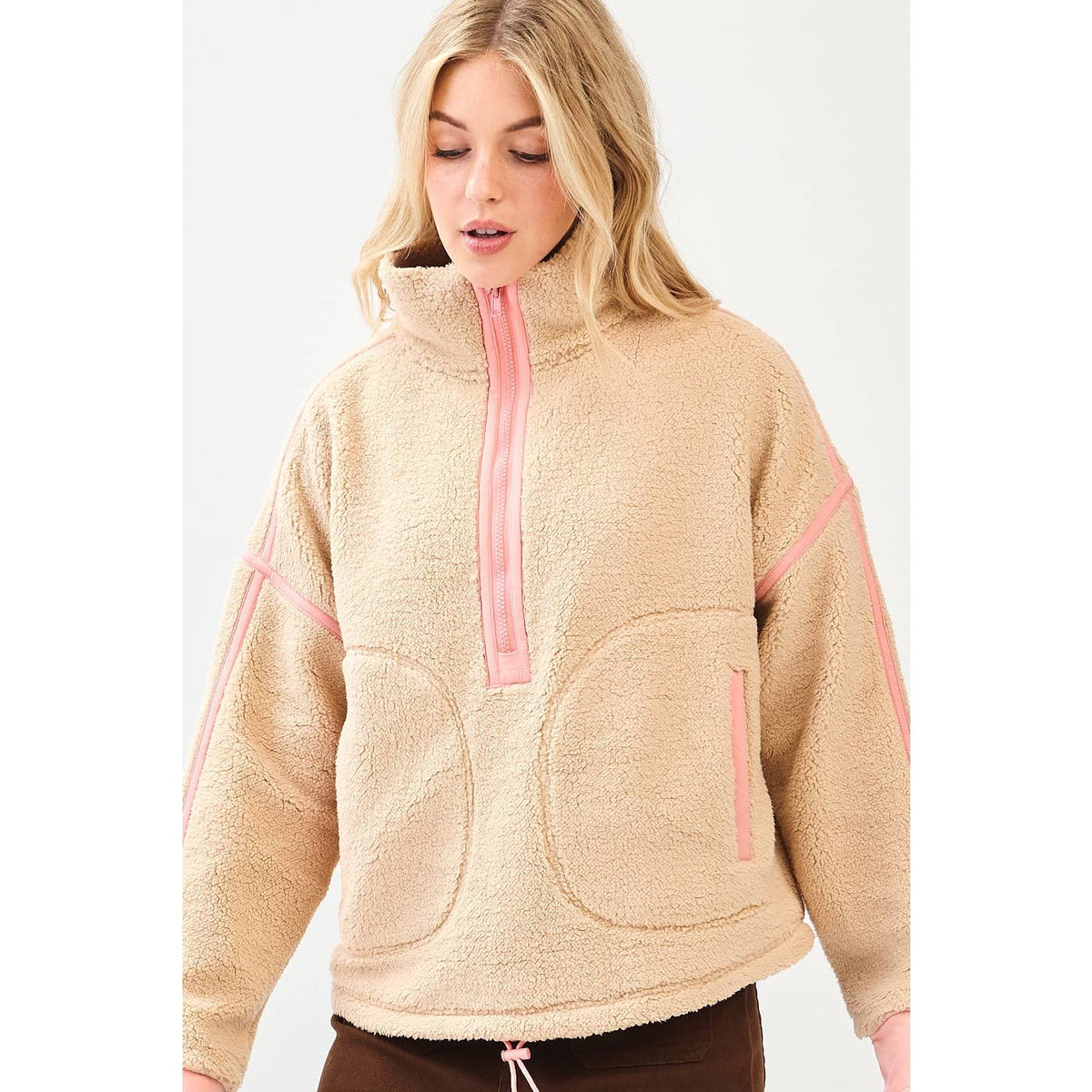 HALF ZIP CONTRAST DETAIL FLEECE SWEATSHIRT