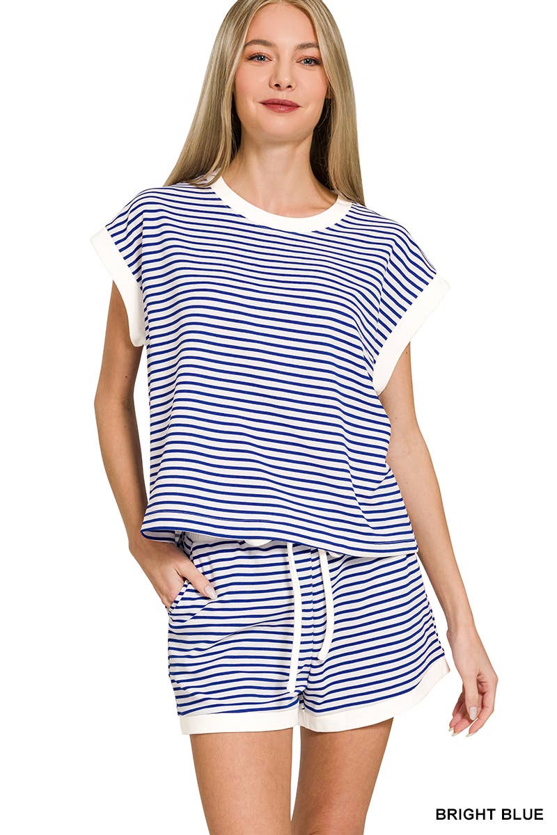...Stripe Contrast Trim Top & Shorts Set