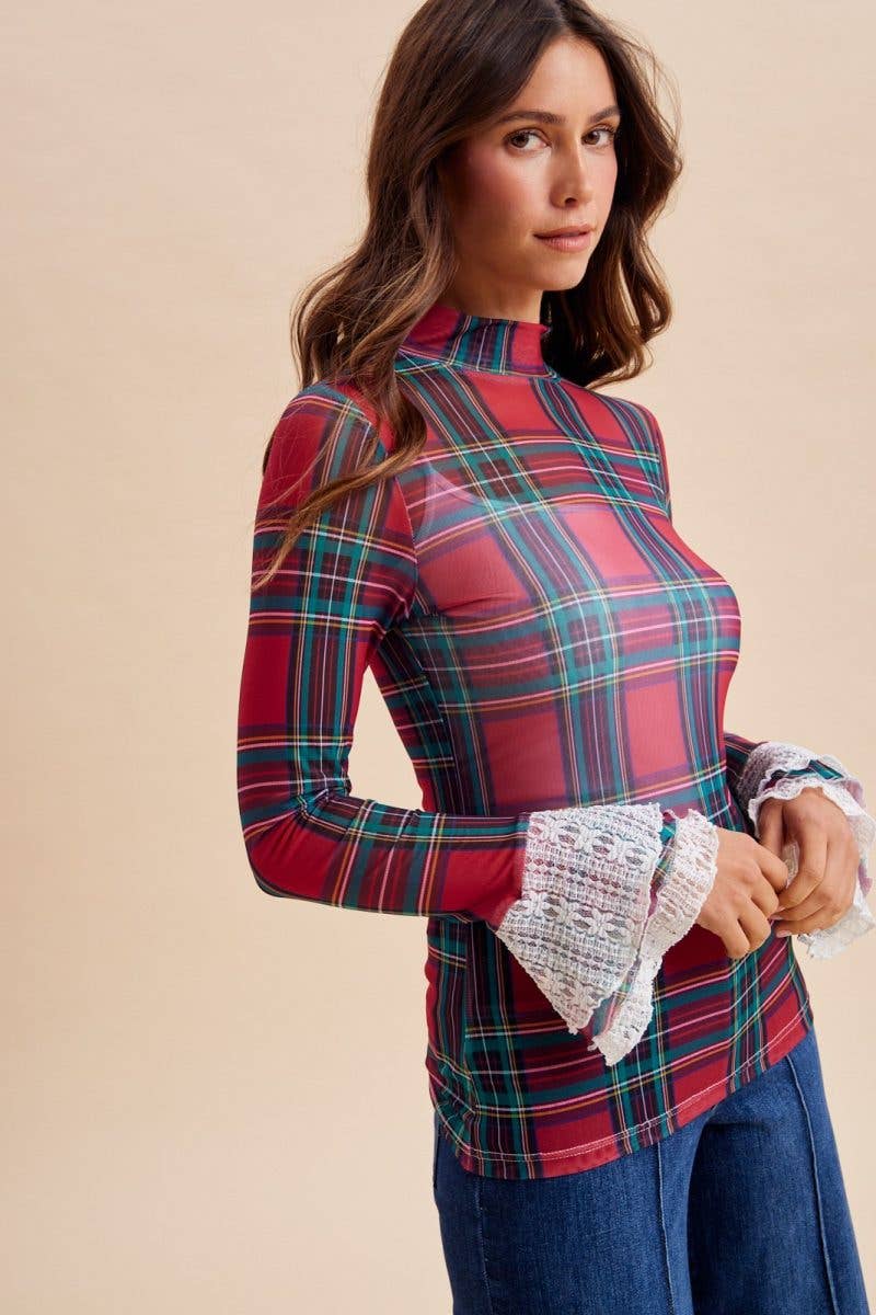Christmas Check Ruffle Sleeve Stretch Mesh Top