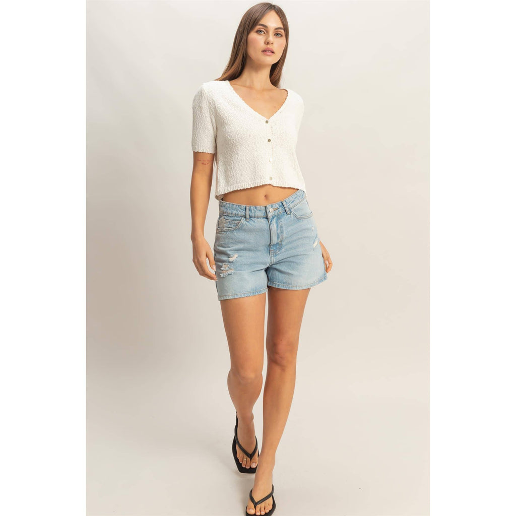 V-Neck Cropped Button Cardigan
