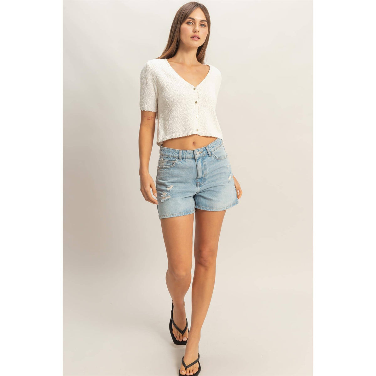 V-Neck Cropped Button Cardigan