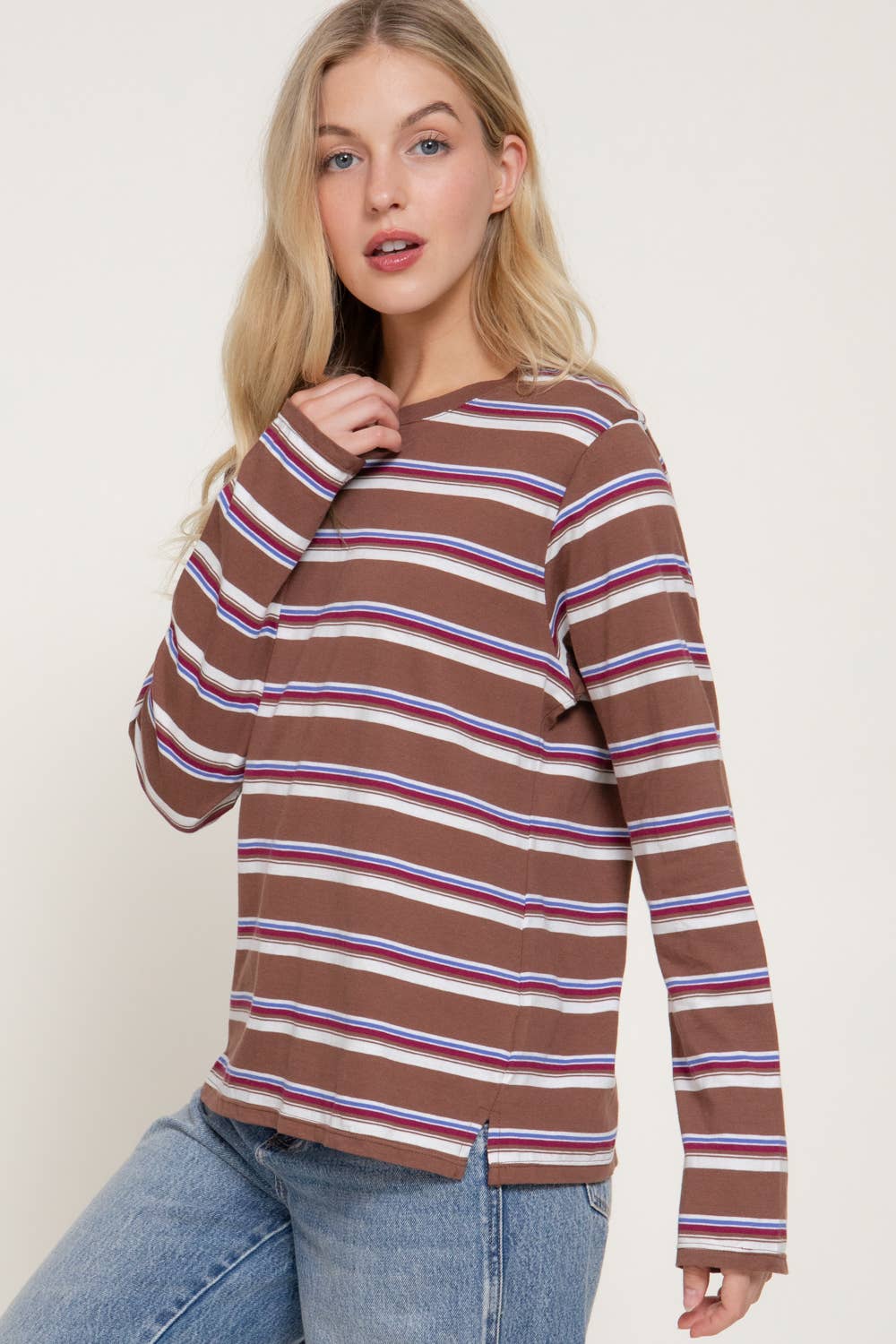 Oversized Long Sleeve Y/D Multi Striped Knit Top