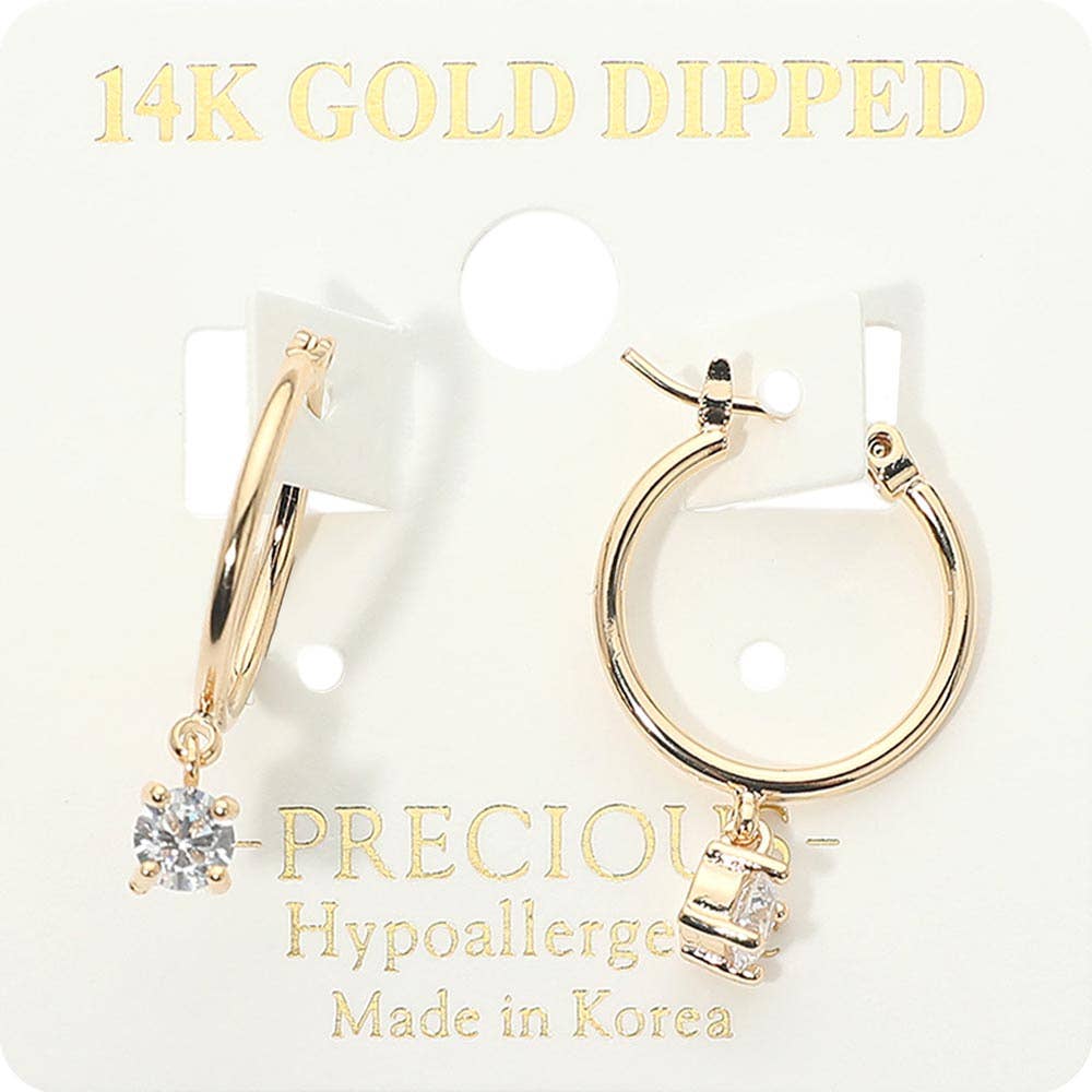 14K Gold Dipped CZ Solitaire Charm Drop Pin Catch Hoop Earrings