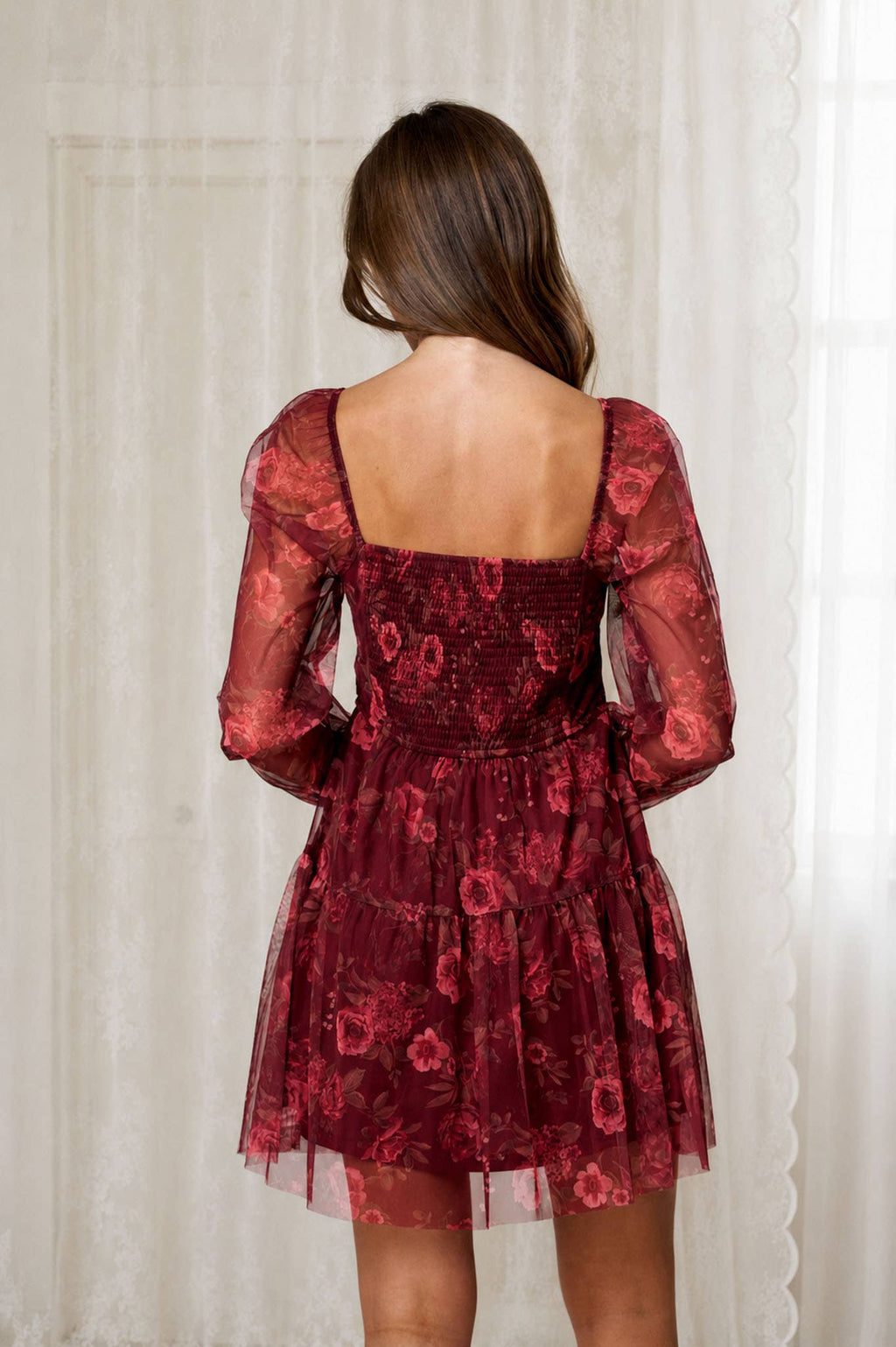 FLORAL CHIFFON LONG SLEEVE CORSET MINI DRESS