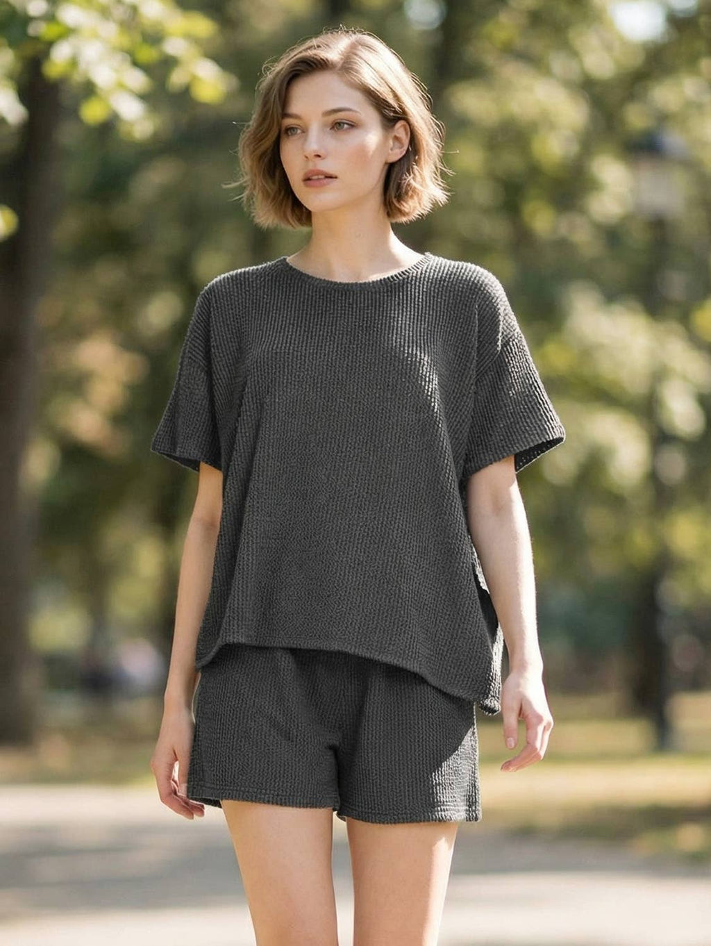 `.SI-26647 Corded Rib Short Sleeve Tee & Short Pants 2PC Set