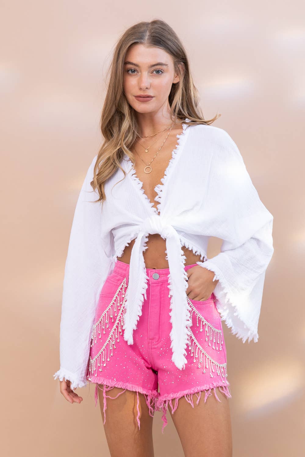 17519P - Sprinkle Gem Double Rhinestone Fringe Denim Shorts