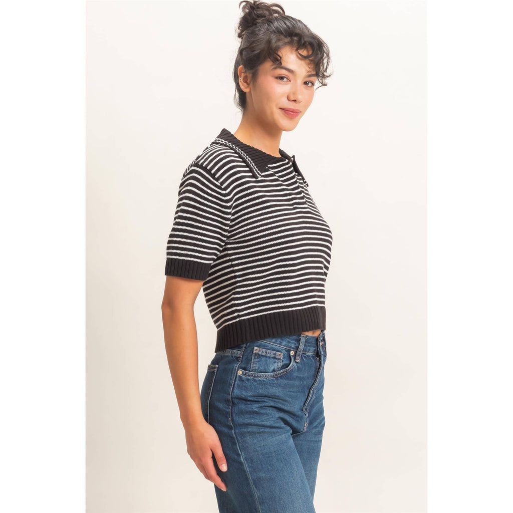 Striped Short Sleeve Collar Knit Top