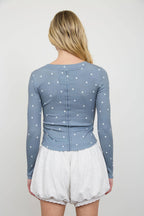 POLKA DOT LONG SLEEVE HENLEY KNIT TOP
