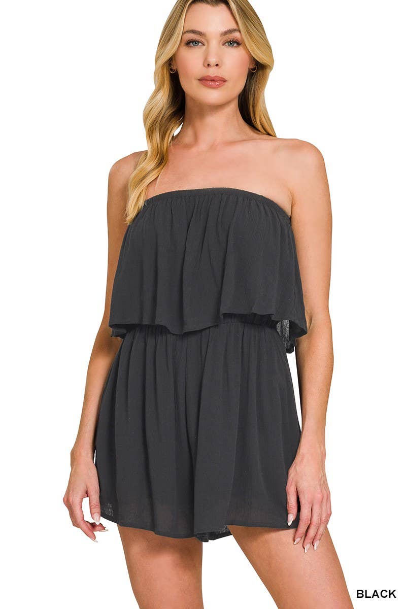 Woven Crinkle Strapless Rompers