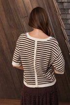 STRIPE CONTRAST TRIM SHORT SLEEVE KNIT SWEATER