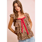 LEOPARD WOVEN FRONT BOW TIE RUFFLE SQUARE NECK TOP