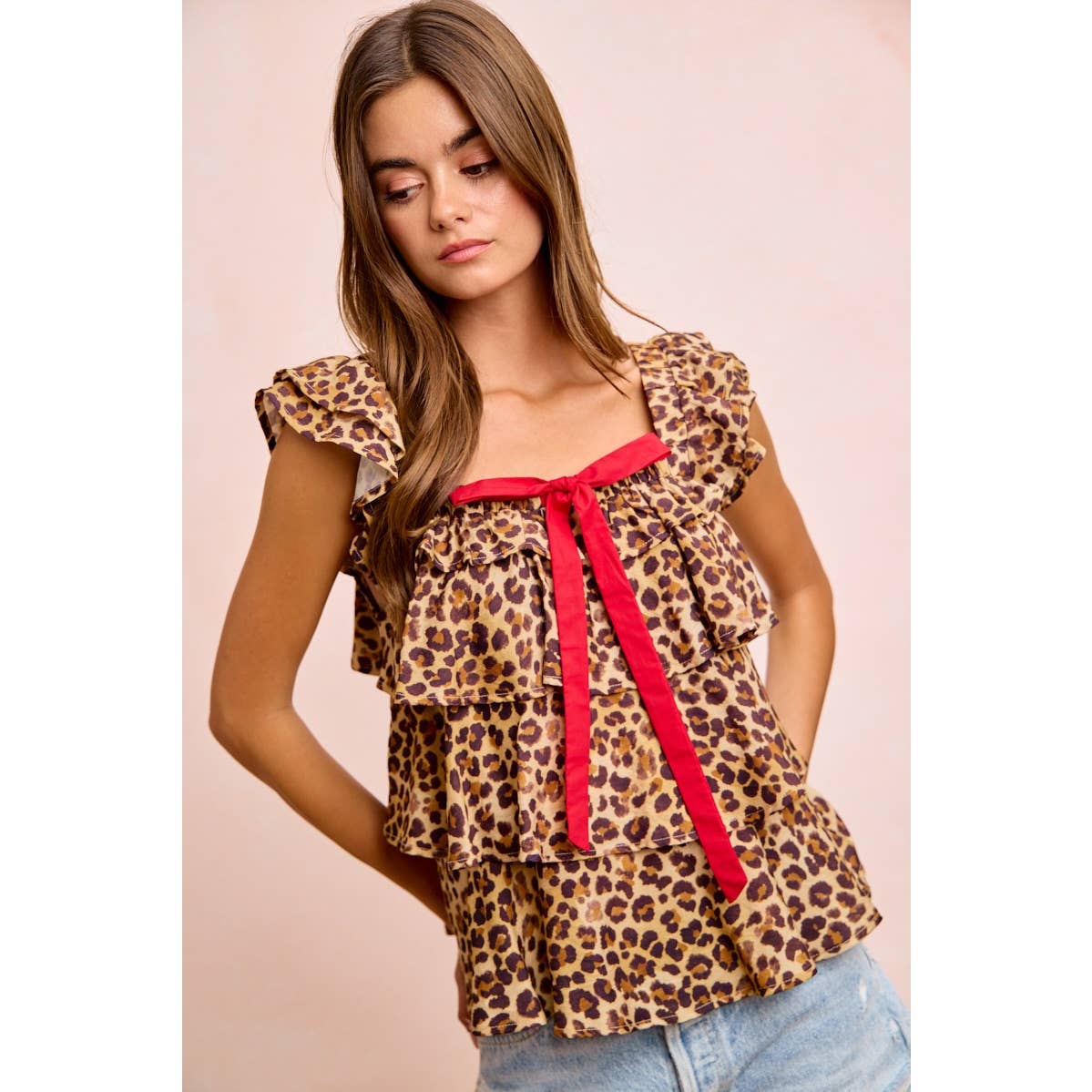 LEOPARD WOVEN FRONT BOW TIE RUFFLE SQUARE NECK TOP