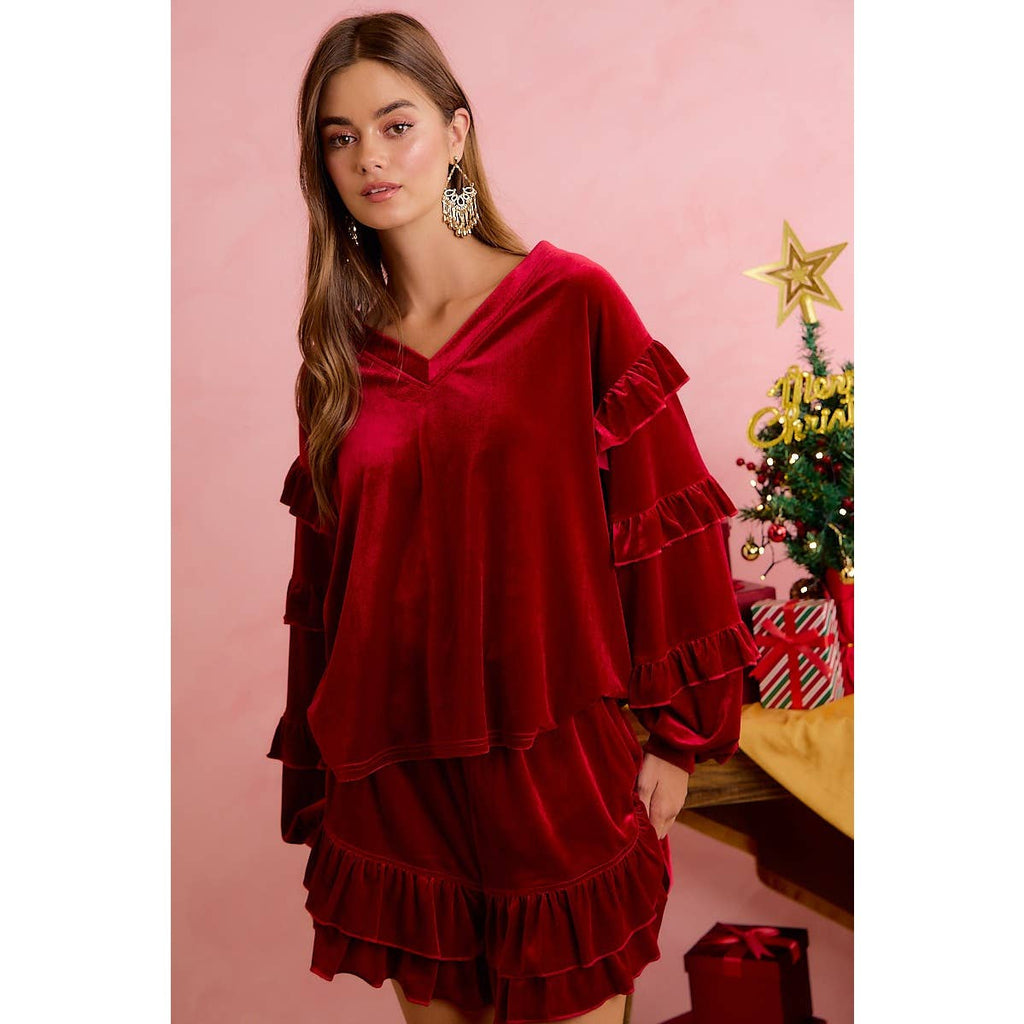 HOLIDAY VELVET RUFFLED SLEEVES V NECK TOP