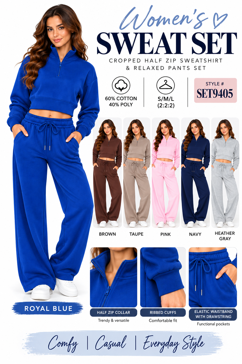 Fleece lined crop 1/4 zipper sweatshirt with pants sweat set