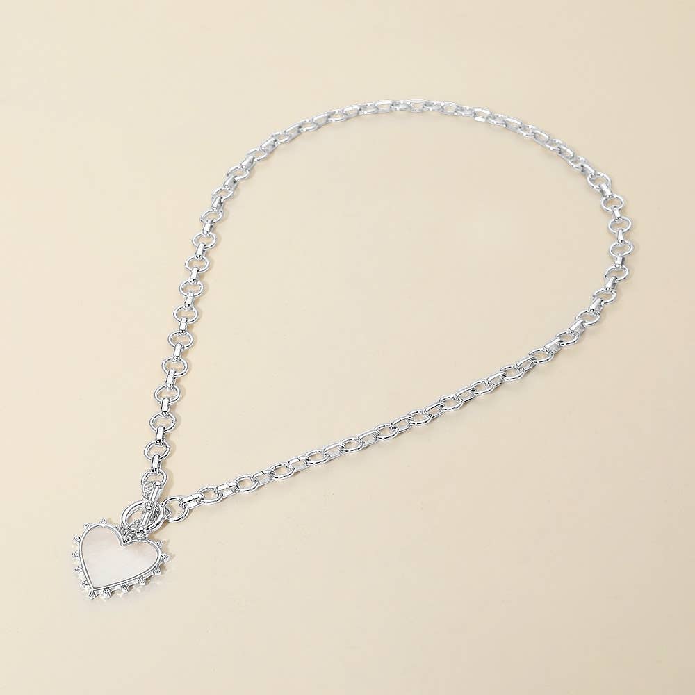 Bead Mother of Pearl Heart Charm Toggle Chain Necklace