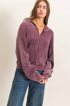Acid Wash Waffle Knit Zip-up Hoodie