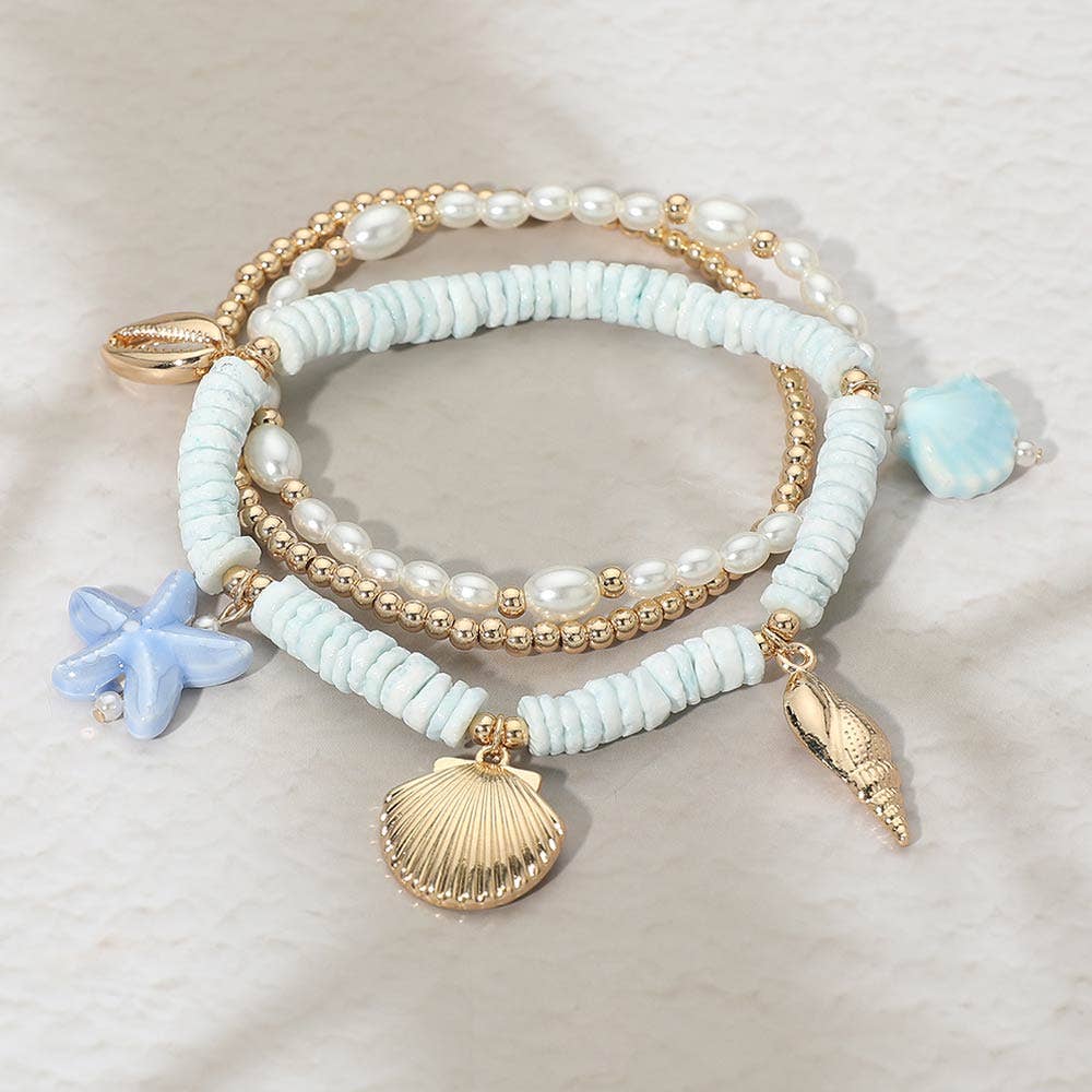 3PCS - Starfish Sea Shell Charm Heishi Pearl Beaded Stretch Multi Layered Bracelets
