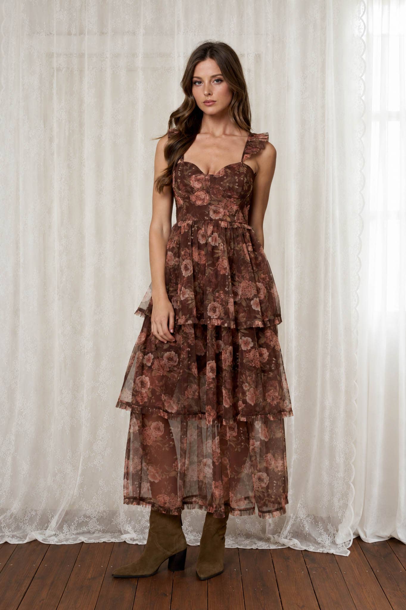FLORAL CHIFFON RUFFLE TIERED CORSET MIDI DRESS