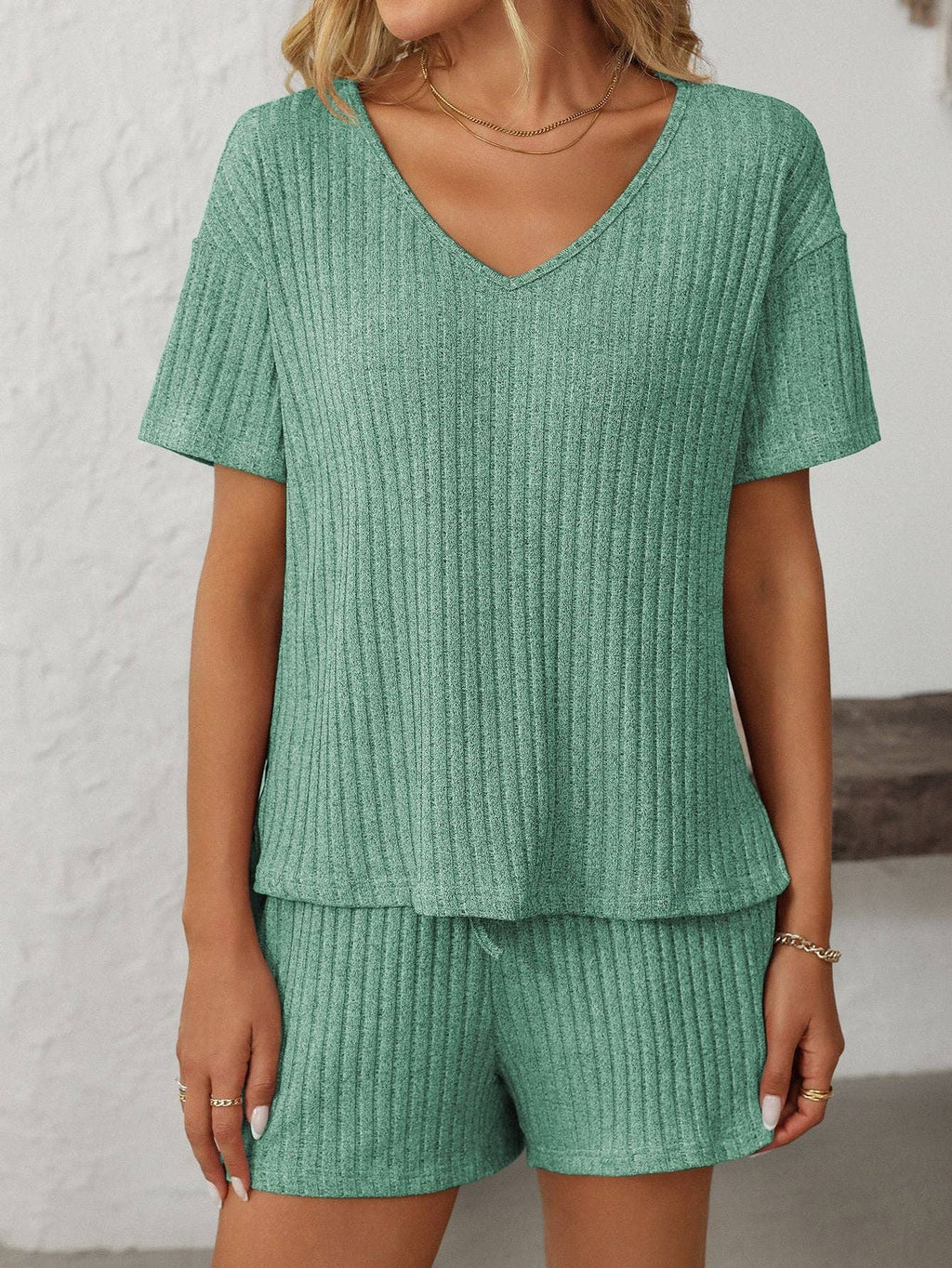 Solid Color Ribbed Short-Sleeve Pajama Loungewear Set