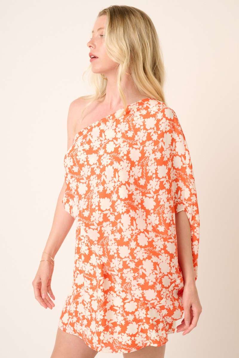 H42725A-FLOWER PRINT ONE SHOULDER MINI DRESS