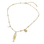 Stainless Steel Fish Pearl Shell Charm Station Necklace