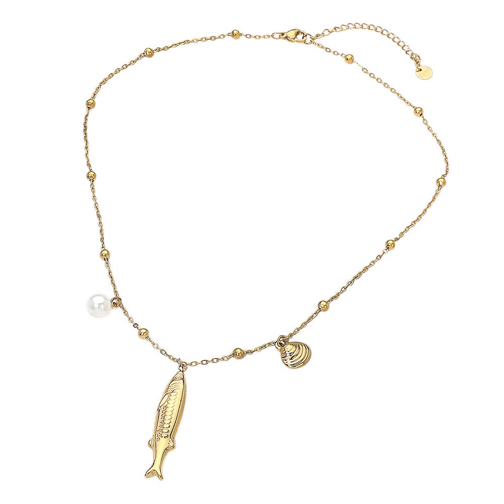 Stainless Steel Fish Pearl Shell Charm Station Necklace