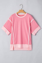 PRETTY BASH Colorblock 3/4 Sleeve Raw Seam High-Low Top