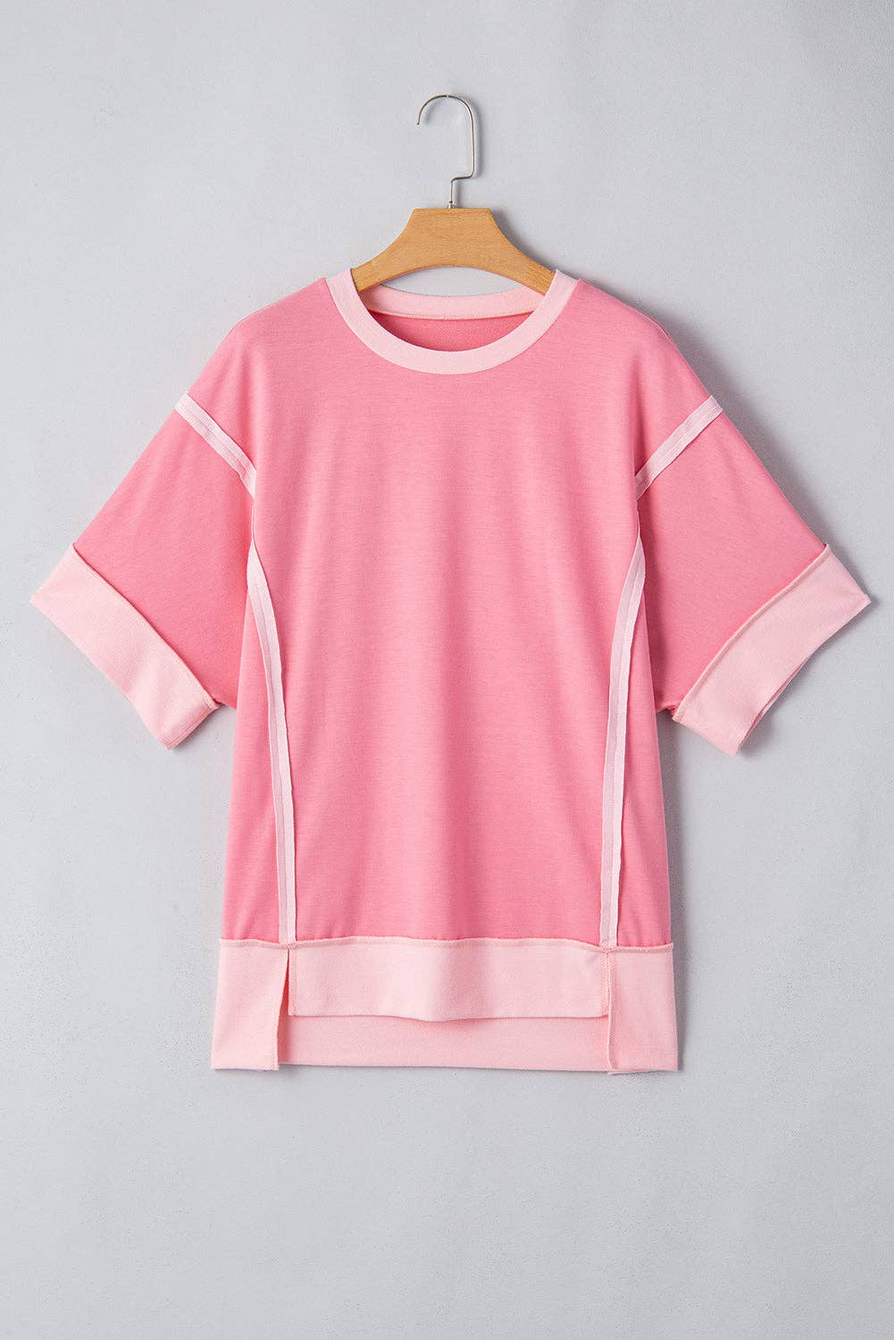 PRETTY BASH Colorblock 3/4 Sleeve Raw Seam High-Low Top