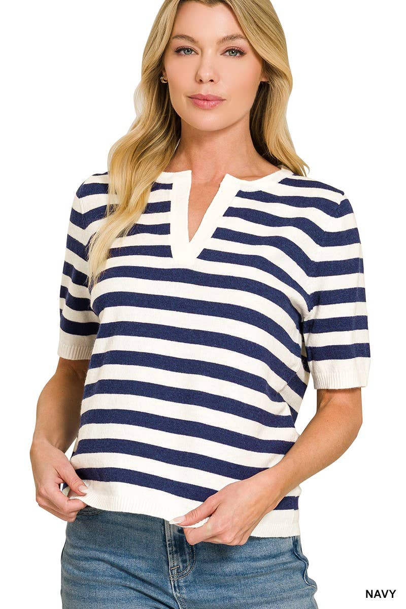 Split Neck Stripe Short Sleeve Sweater