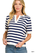 Split Neck Stripe Short Sleeve Sweater