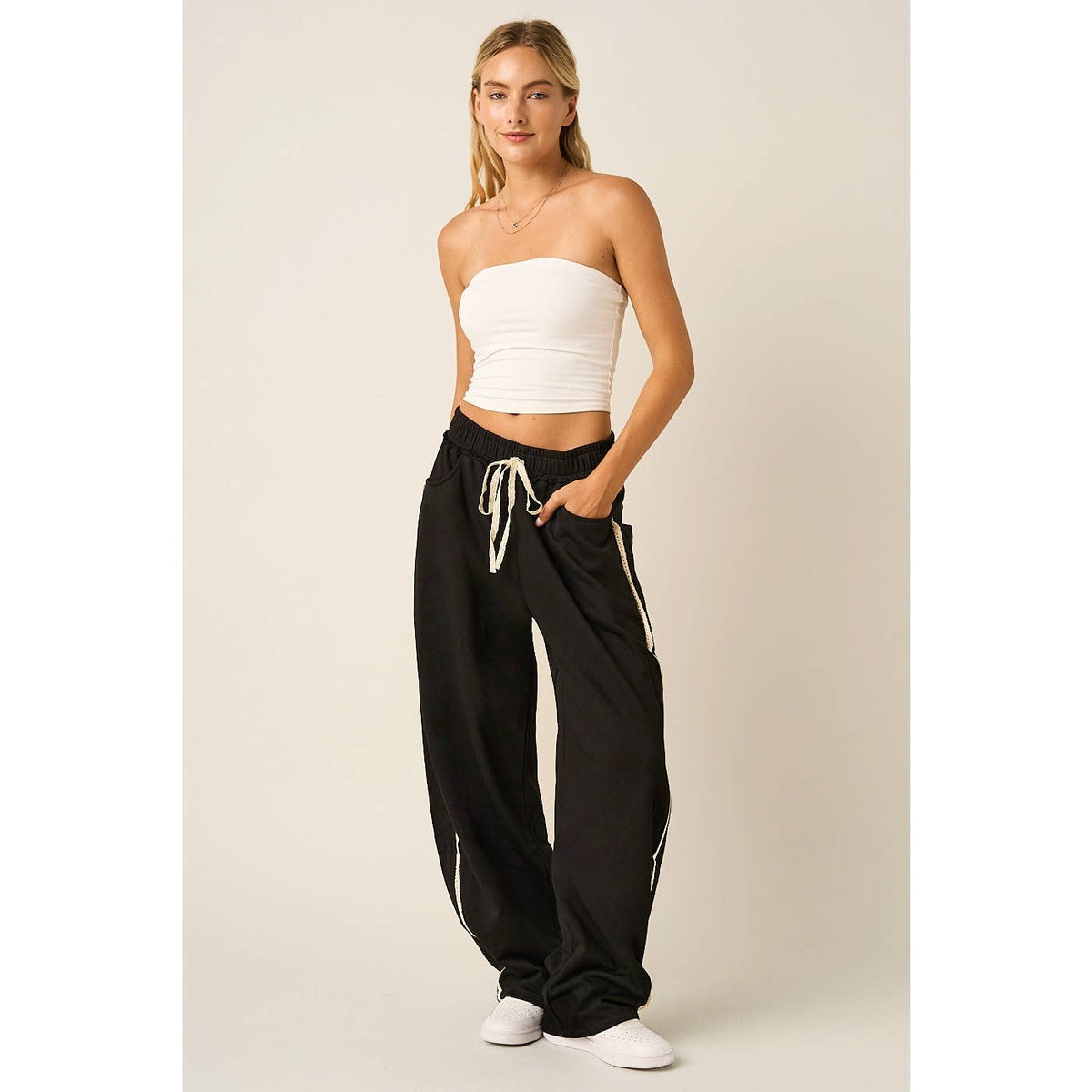 LACE TRIM BARREL LEG DRAWSTRING PANTS