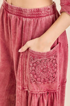 Mineral Washed Boho Trim Patched Pockets Pants HP7542