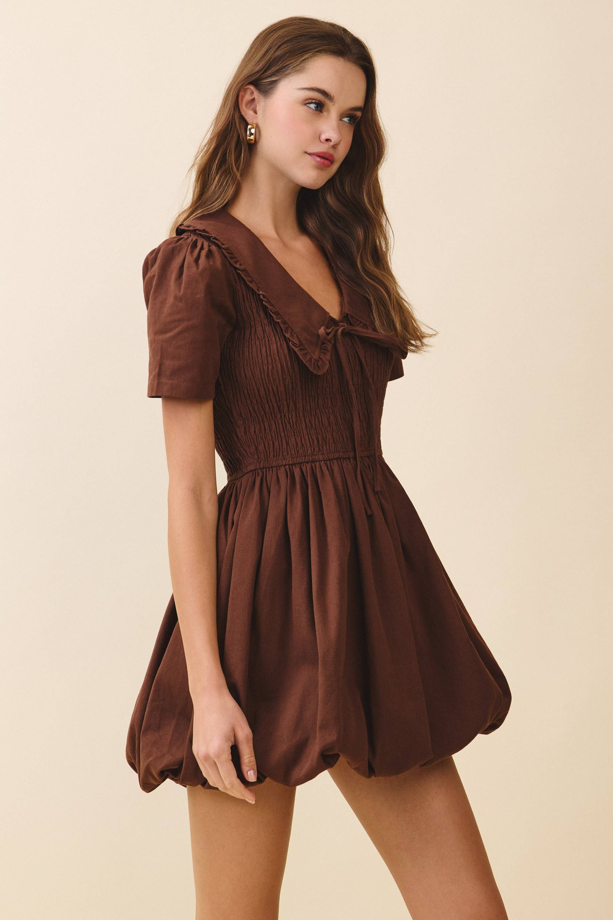 CD06412-Short Puff Sleeve Shirred Bodice Bubble Dress
