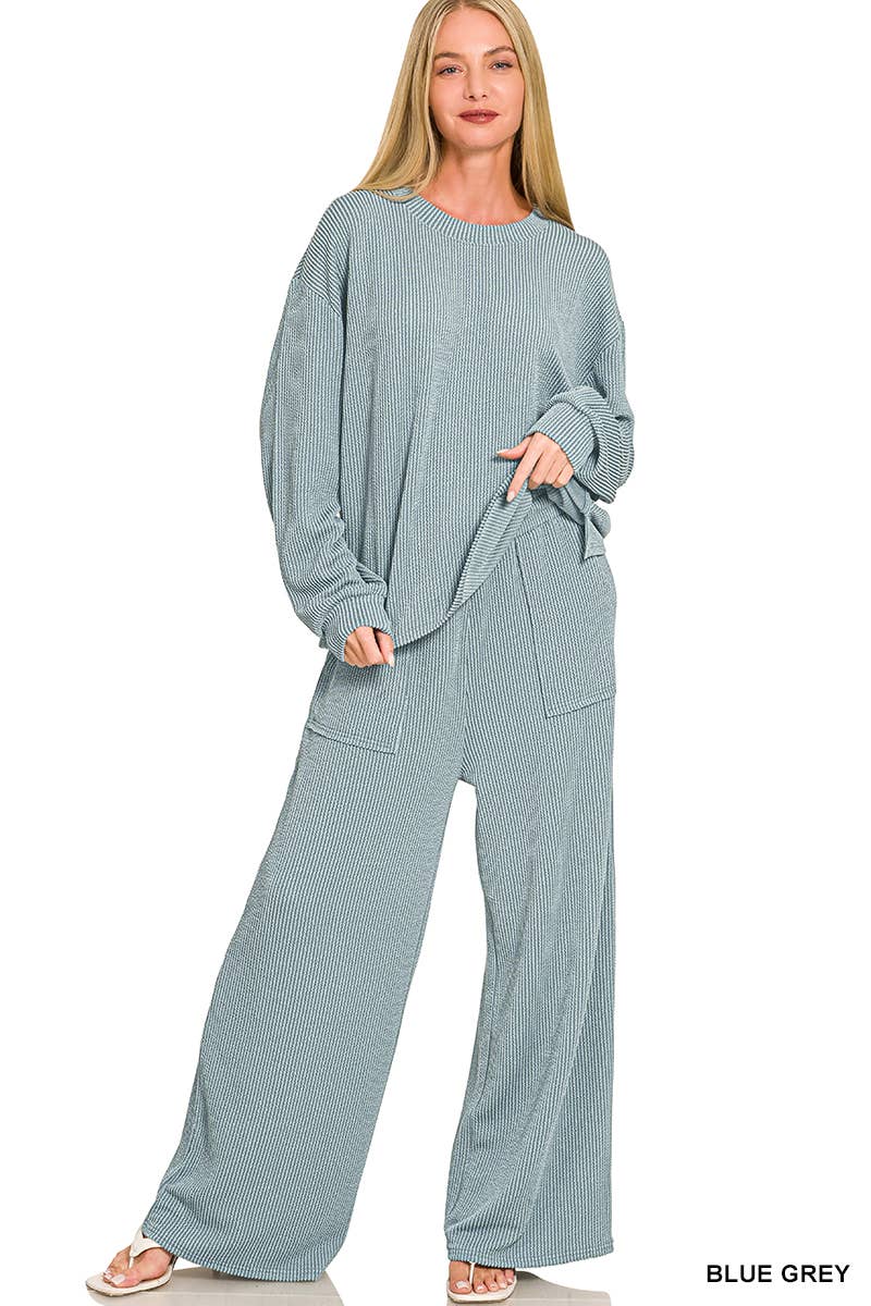 Raised Rib Round Neck Pullover & Pants 2PC Set