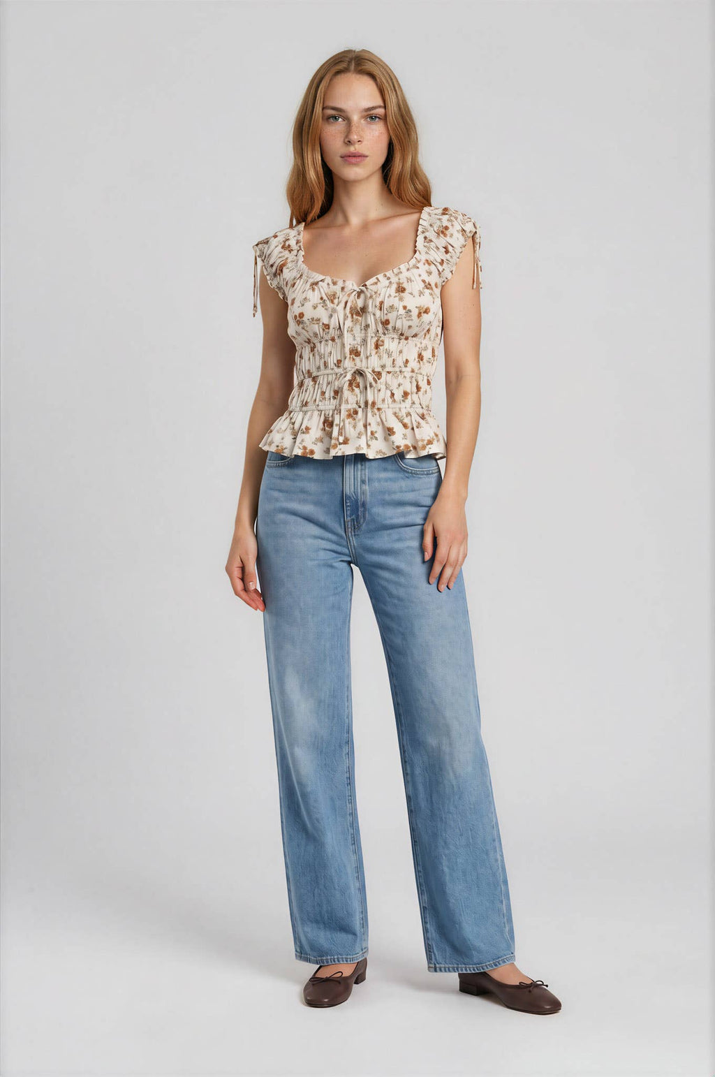FLORAL FRONT TIE SHIRRED WAIST RUFFLED TOP