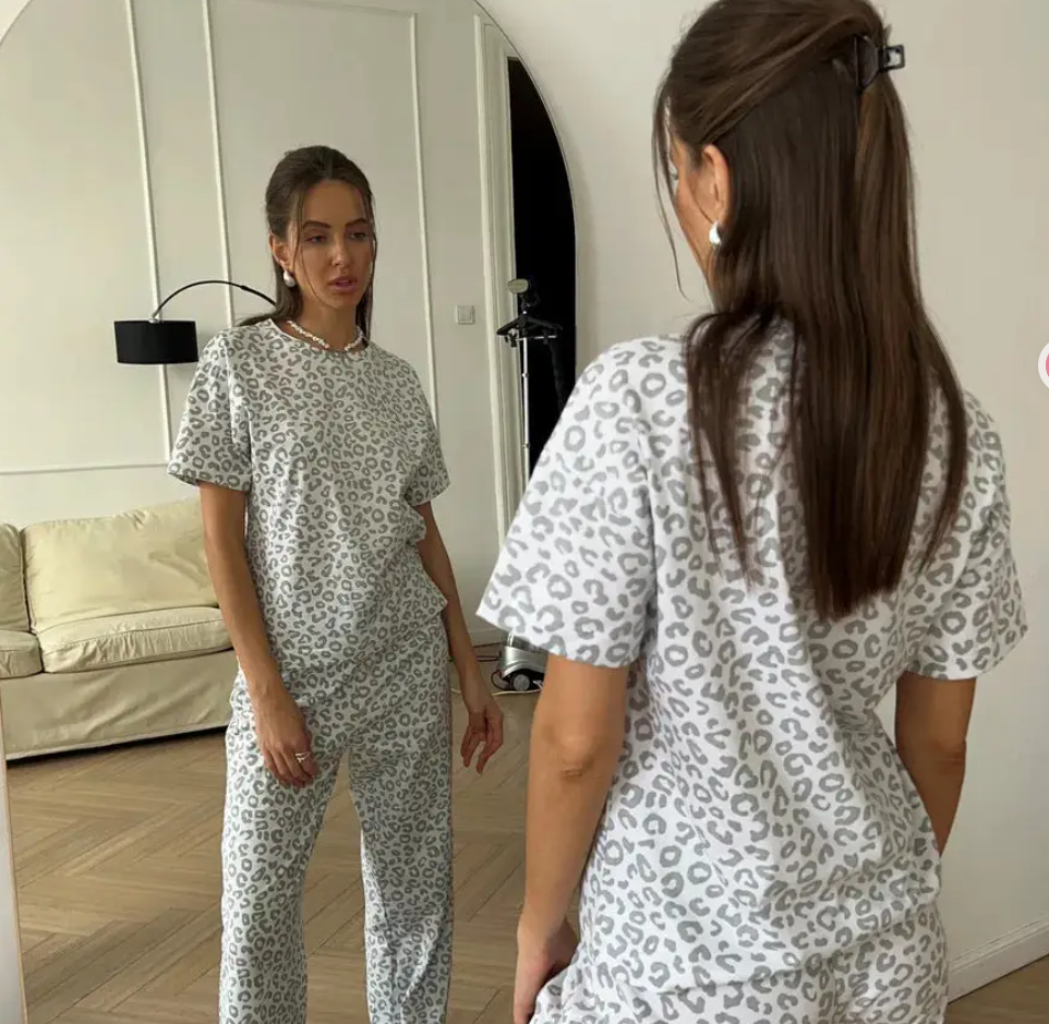 Leopard Print Pajama Set with Short Sleeve Top