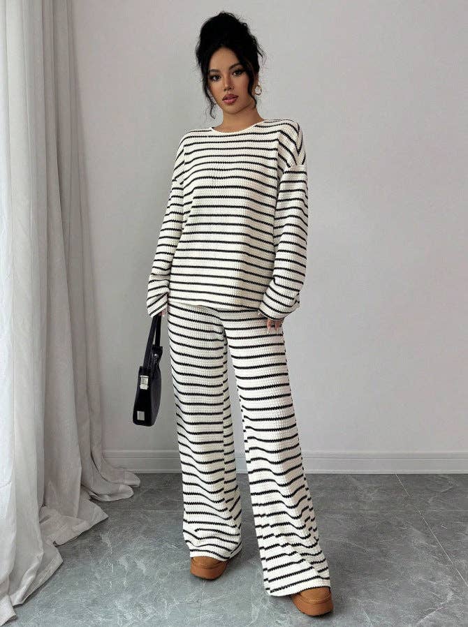 Striped Knit Jumpsuit Boutique Wide Leg Ribbed Loungewear