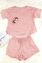 Rayon spandex stripe loose fit short and top set (P16433)