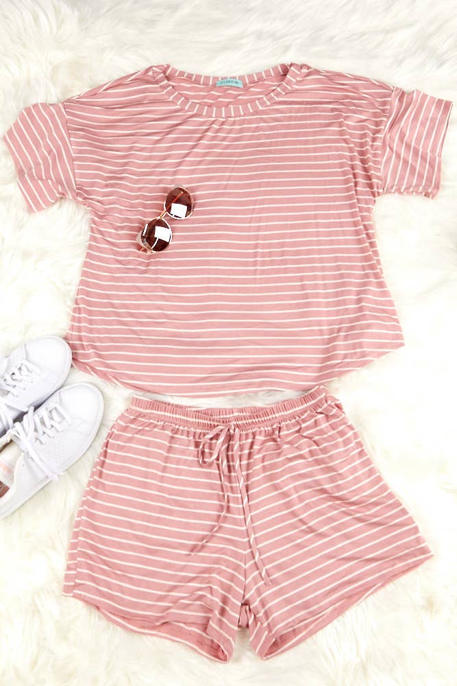 Rayon spandex stripe loose fit short and top set (P16433)
