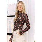 MESH STRAWBERRY PRINT HIGH NECKLINE CROP TOP
