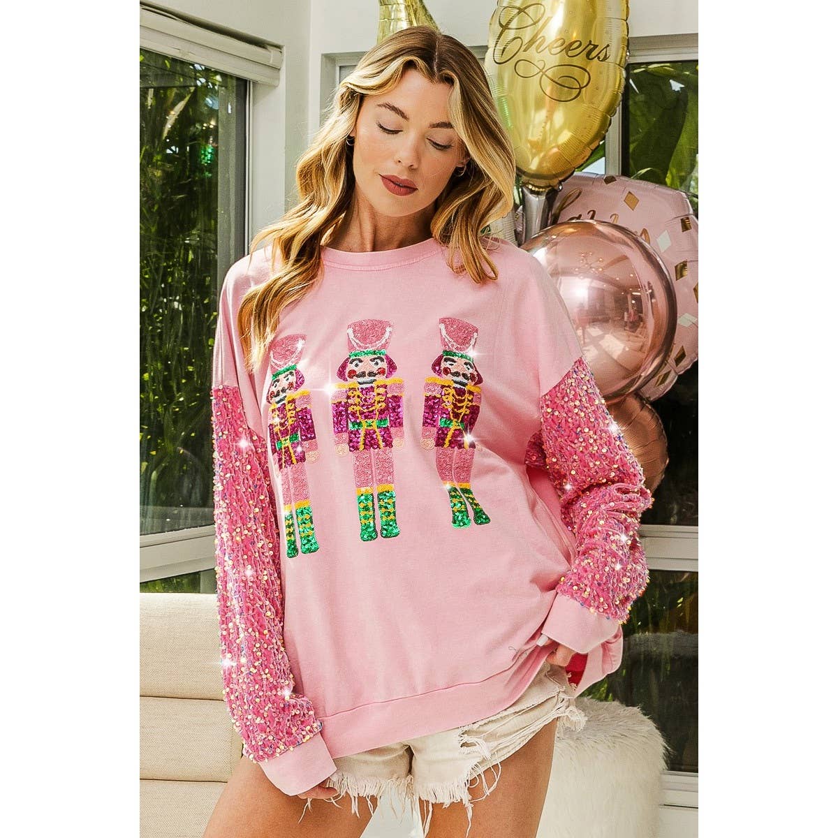 SEQUIN NUTCRACKERS VELVET SEQUIN WASHED PULLOVER